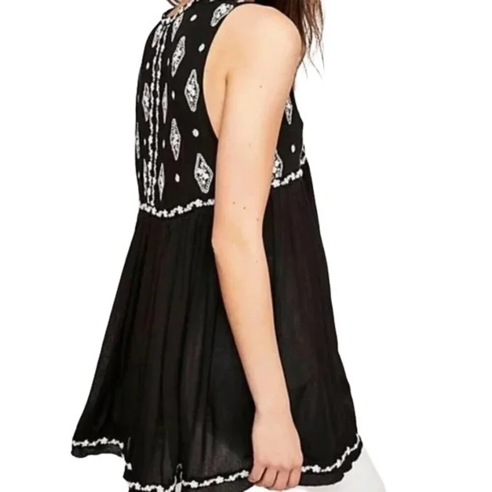 Free People Black Diamond Embroidered Tunic Top